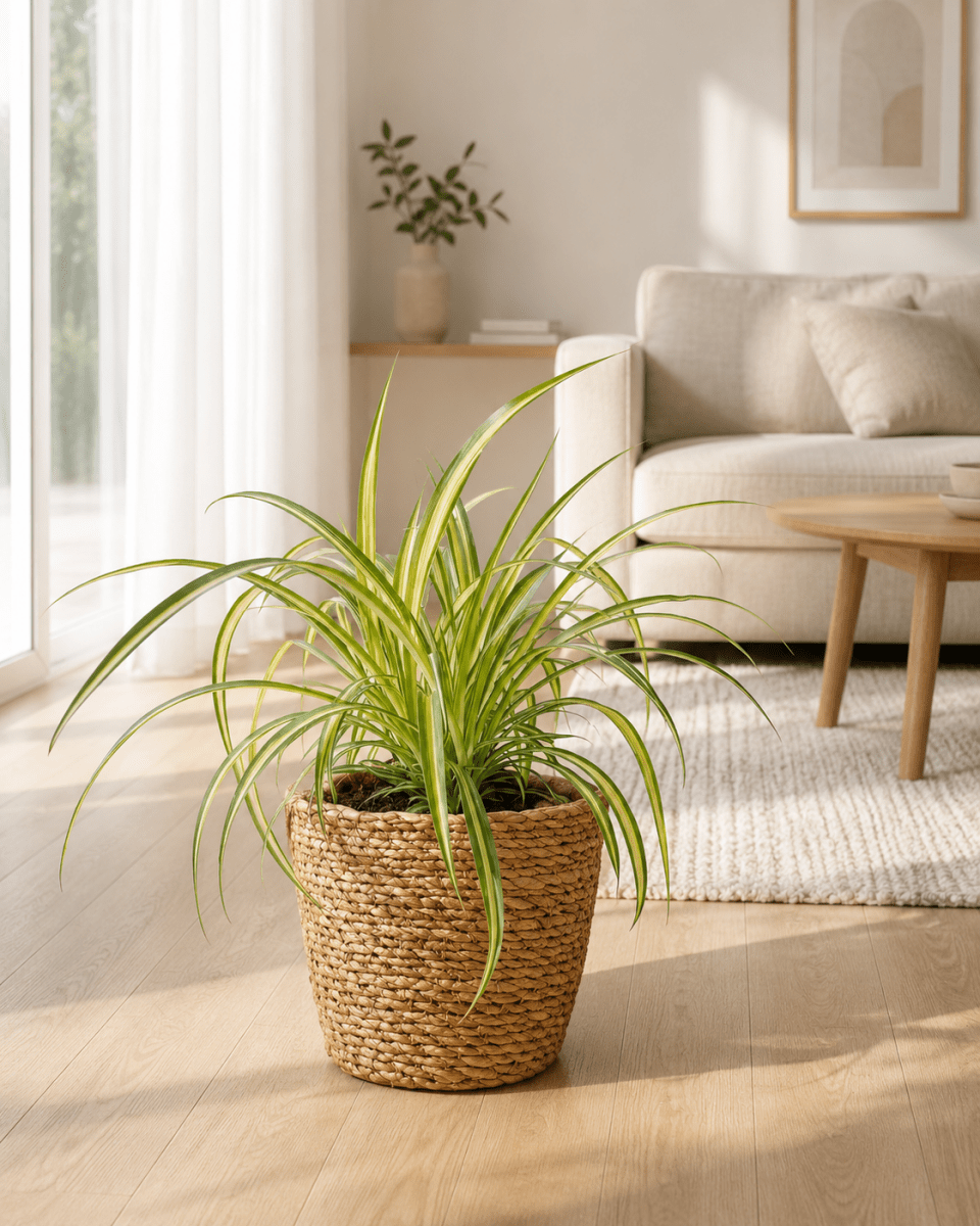 Bonte graslelie met mand Kleine Kamerplant – 20 cm – Ø12 cm-Plant-plantenmagie
