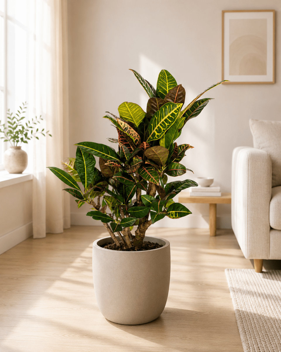 Codiaeum Croton Petra met mand Kamerplant – 80 cm – Ø21 cm-Plant-plantenmagie