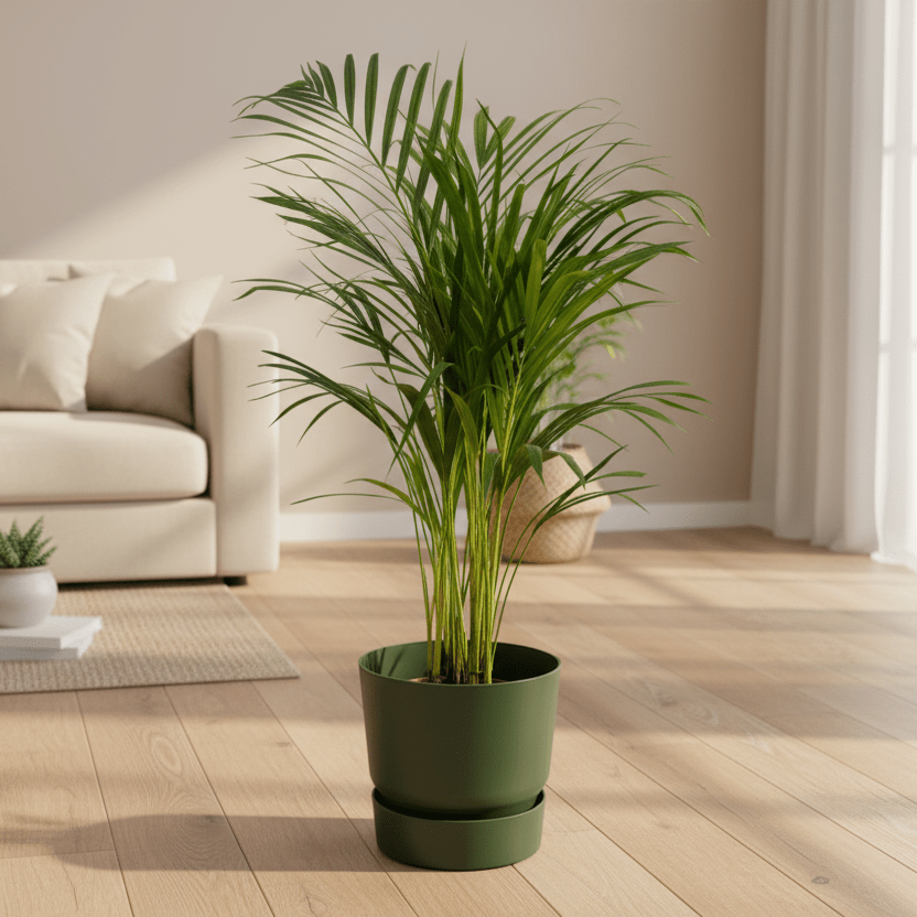 Areca palm - ↨110cm - inclusief elho Greenville Round groen-Plant-Planten Magie