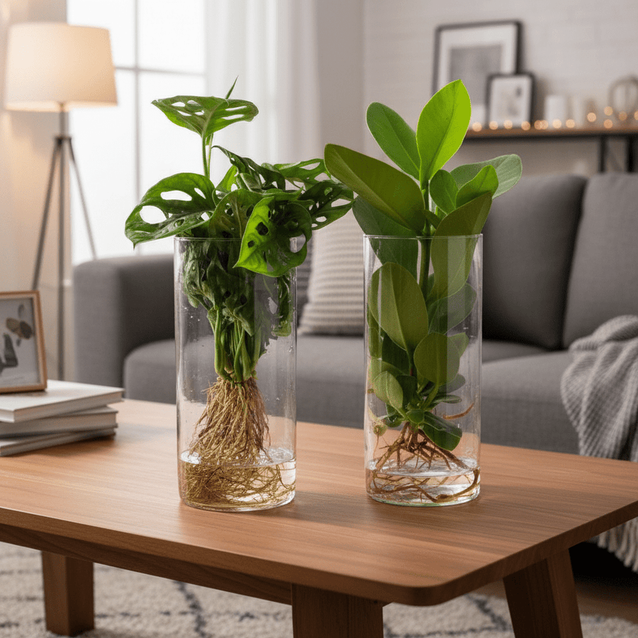 Cylinder glas Duo Monstera/Clusia - 2 stuks - Ø12cm - ↕25-40cm