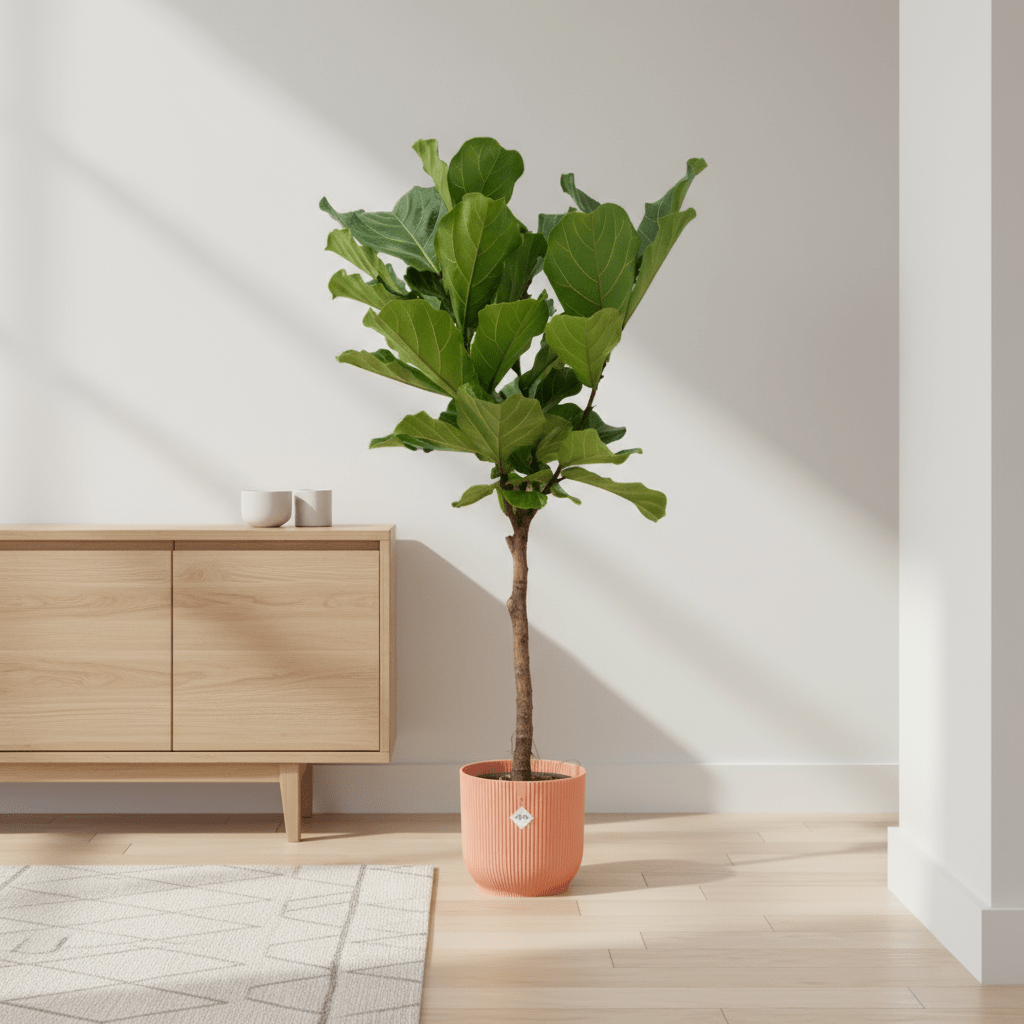 Ficus Lyrata stam inclusief elho Vibes Fold Round roze - 150 cm - Plant - plantenmagie