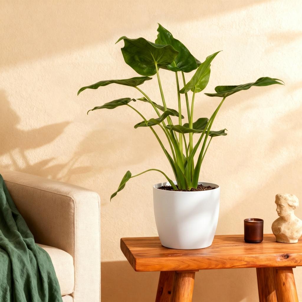 Alocasia cucullata ‘Buddha’s Hand’ met witte pot – 65–70 cm - Plant - plantenmagie