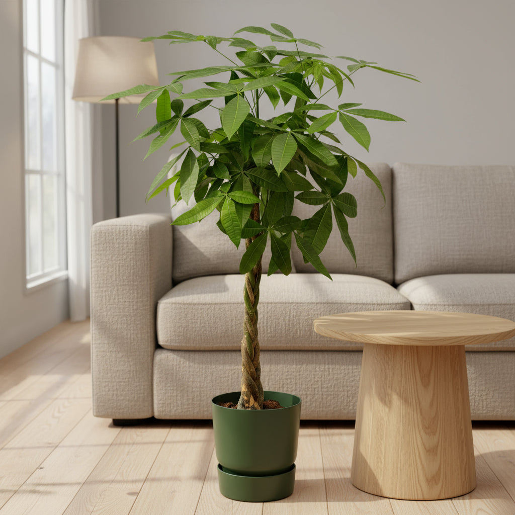 Pachira Aquatica Geldboom met gevlochten stam in Elho Greenville Round pot, groene kamerplant voor binnen