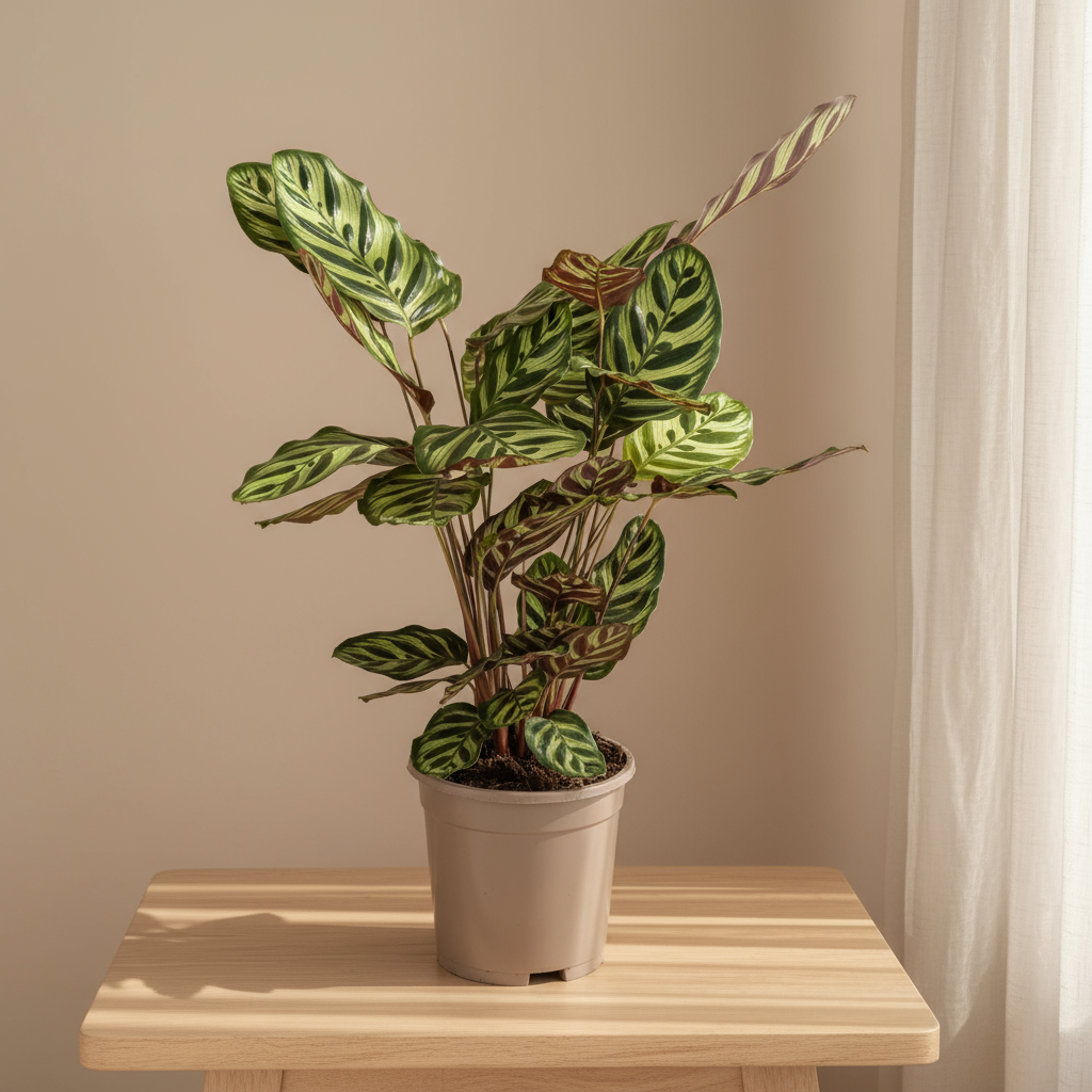 Calathea Makoyana Pauwenplant met groen-paars blad in pot Ø17cm, kamerplant voor halfschaduw