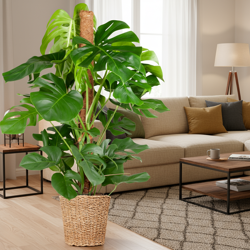 Tropische kamerplant Monstera Deliciosa XL in natuurlijke mand