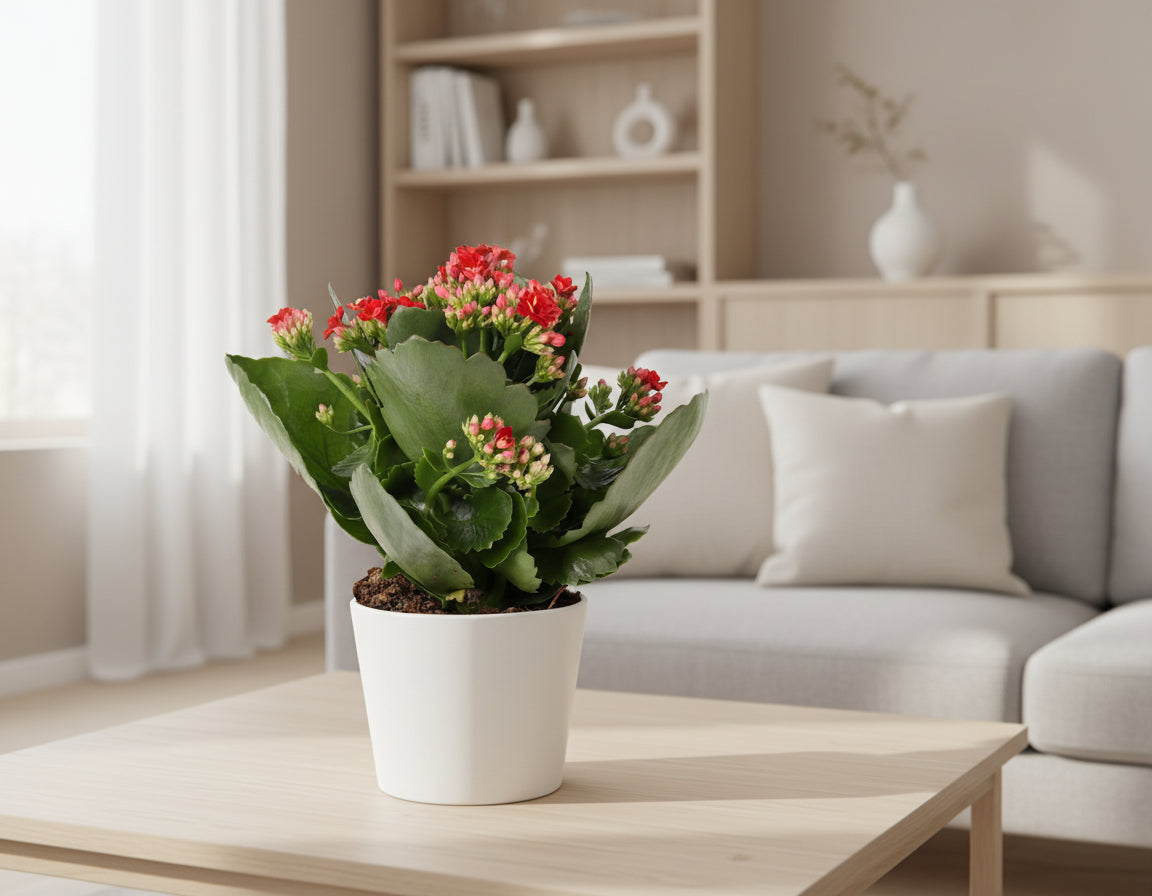 Kalanchoe Rosalina Don Justino Rood in pot van 12 cm met rode bloemen