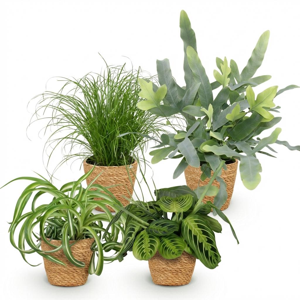 Chlorophytum Cyperus Phlebodium Maranta mix – 4 huisdiervriendelijke planten met mand – hoogte 25 cm - Plant - plantenmagie
