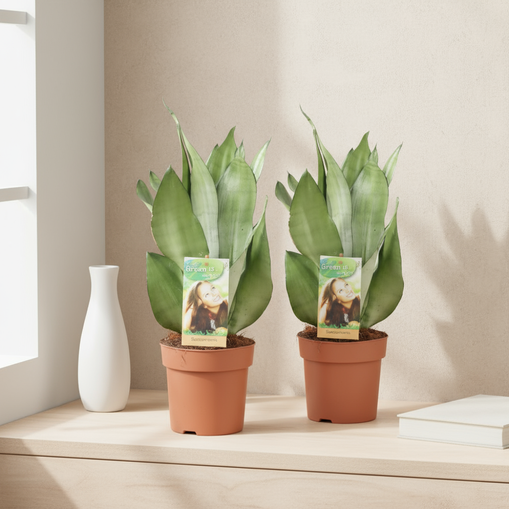 Sansevieria Moonshine set van twee kamerplanten met zilvergroene bladeren, potmaat 14 cm, hoogte 40 cm