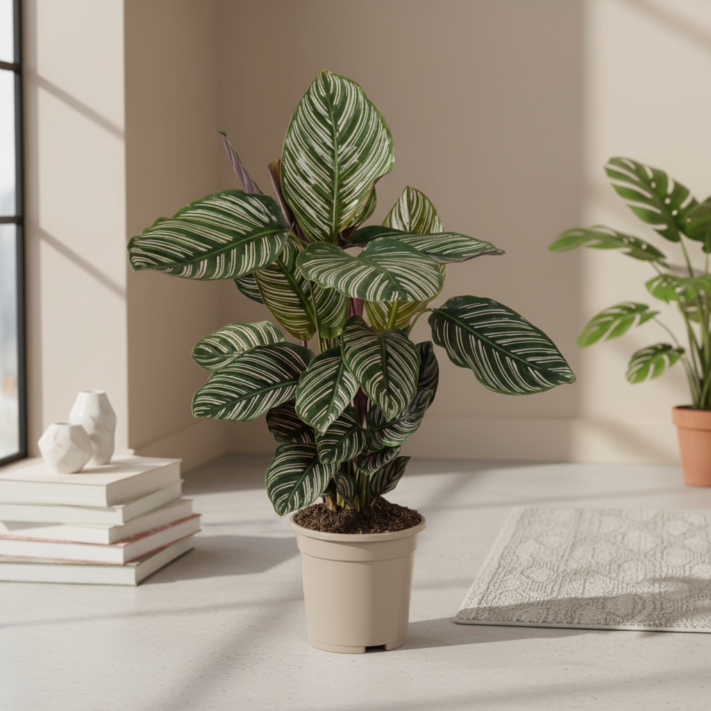 Calathea Ornata Sanderiana kamerplant met roze nerven en paarse onderzijde, potmaat 17cm