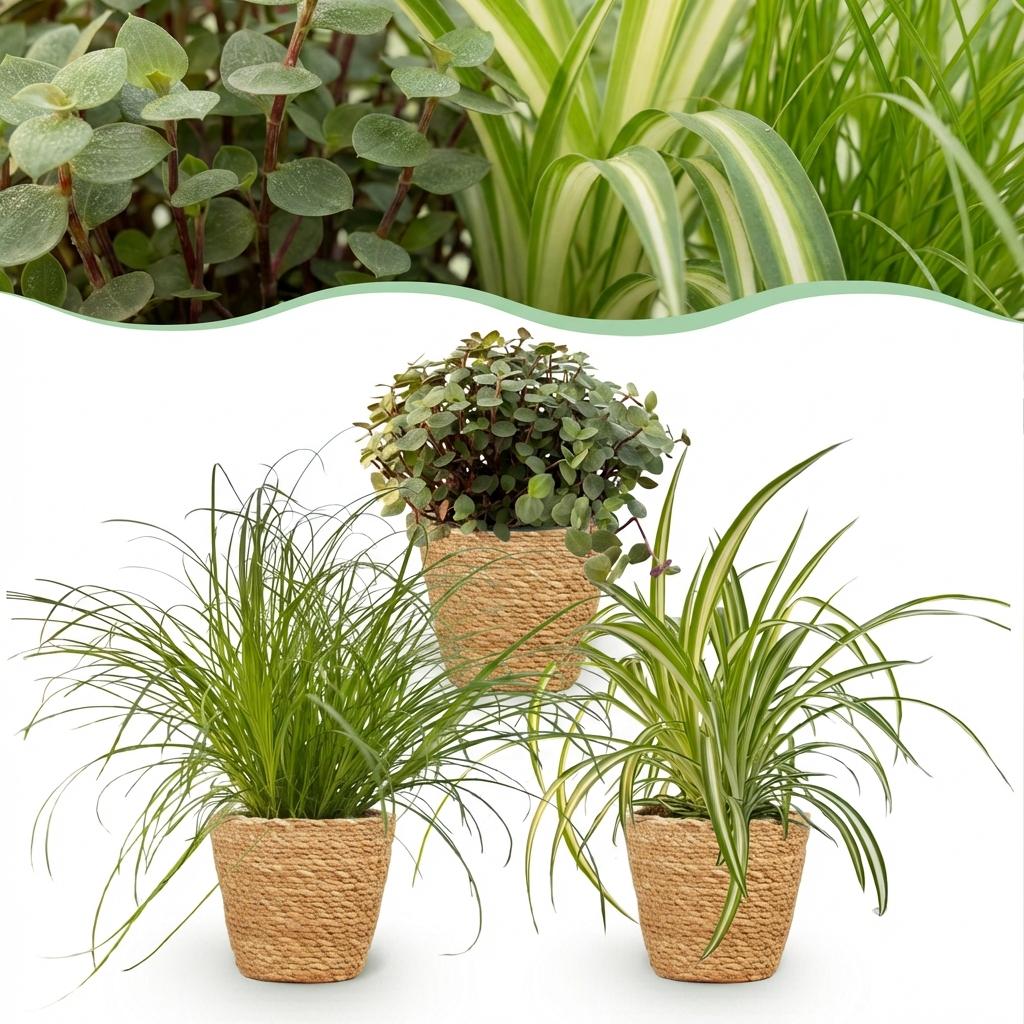 Cyperus – Calissia – Chlorophytum mix (3 stuks) 20 cm met mand - Plant - plantenmagie