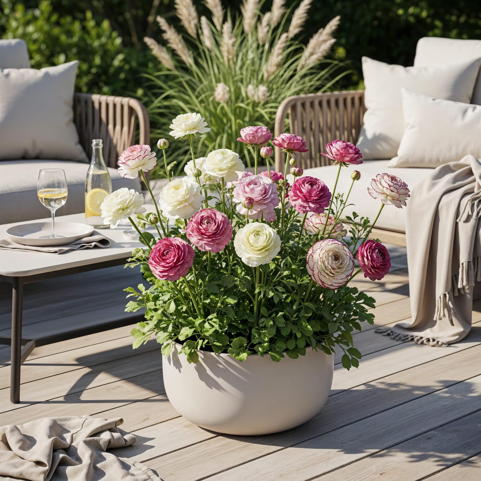 ranunculus pastel mix in pot op balkon of terras