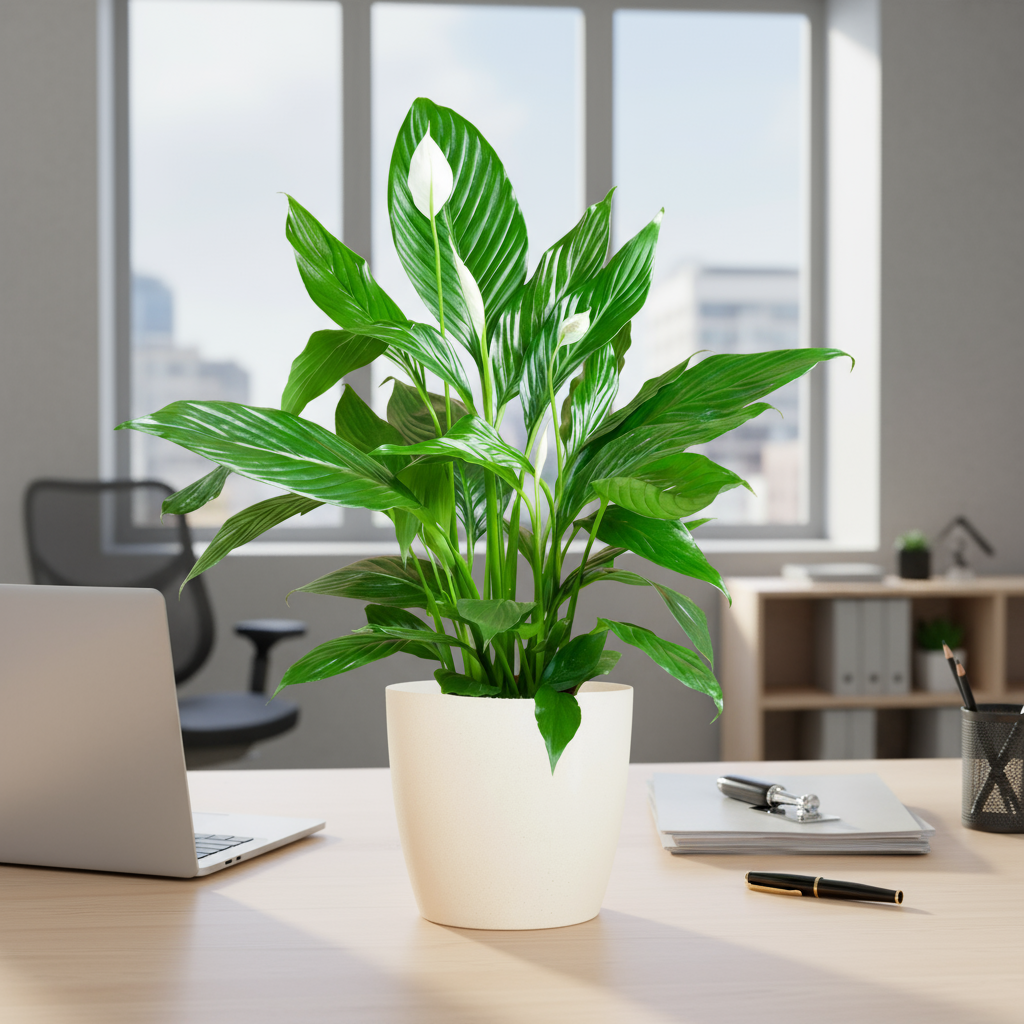 Detail van Spathiphyllum blad en bloem – luchtzuiverende kamerplant