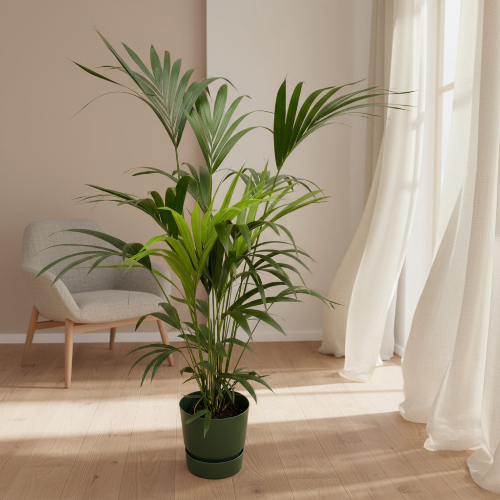 entia Palm 160 cm in groene Elho Greenville Round pot Ø30, tropische kamerplant voor binnen
