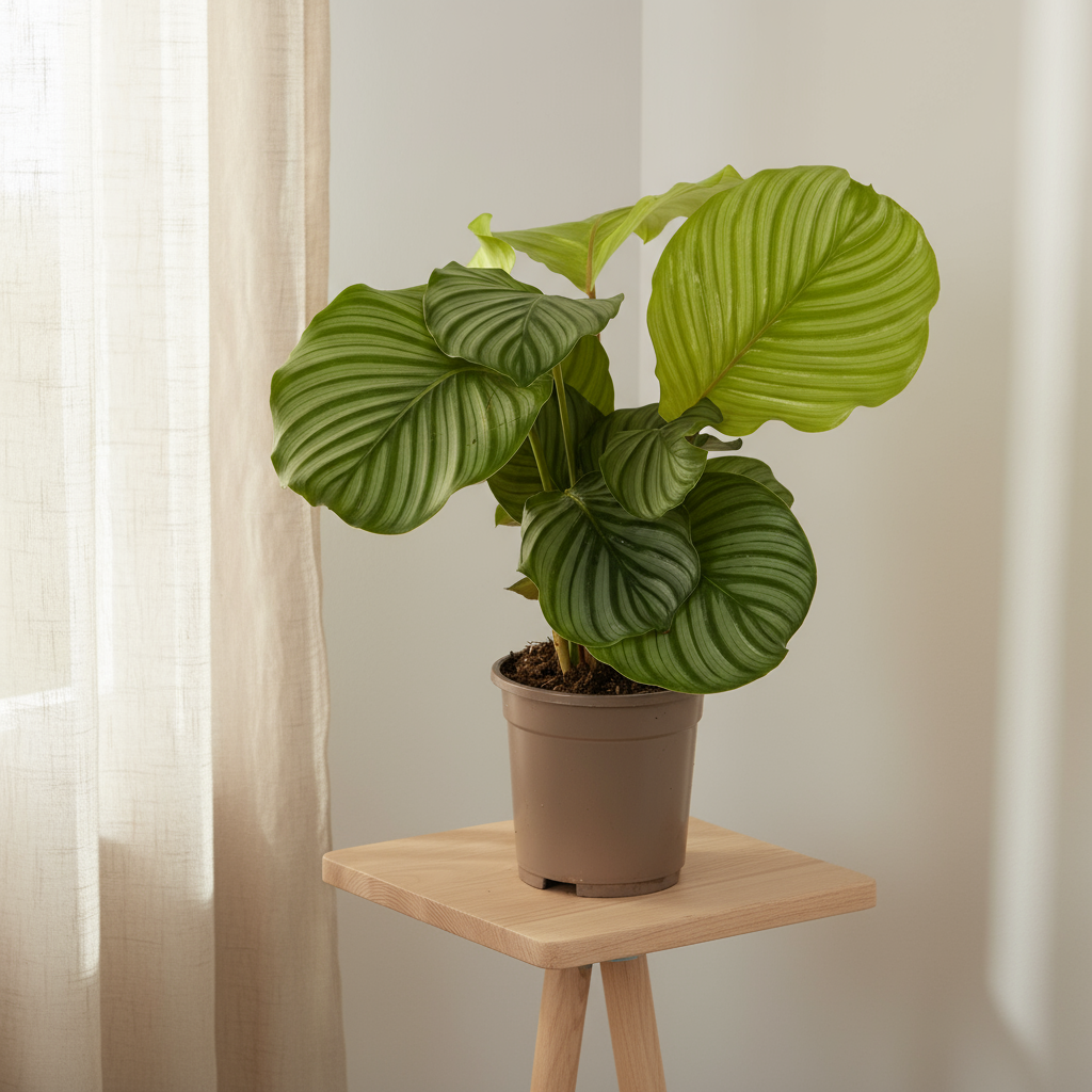 Calathea Orbifolia kamerplant Ø17cm met ronde gestreepte bladeren in een moderne plantenpot