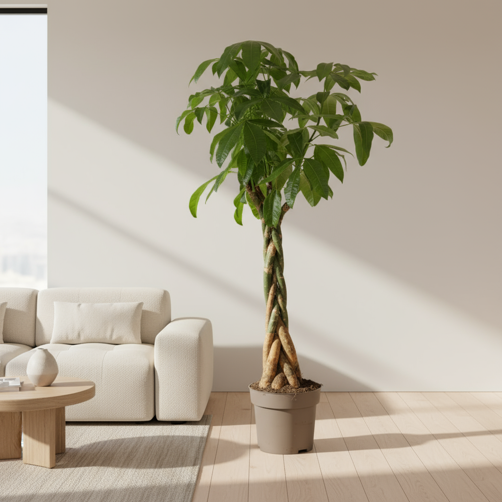 Pachira Aquatica geldboom met gevlochten stam en glanzende bladeren in pot Ø30cm, hoogte 160-180cm
