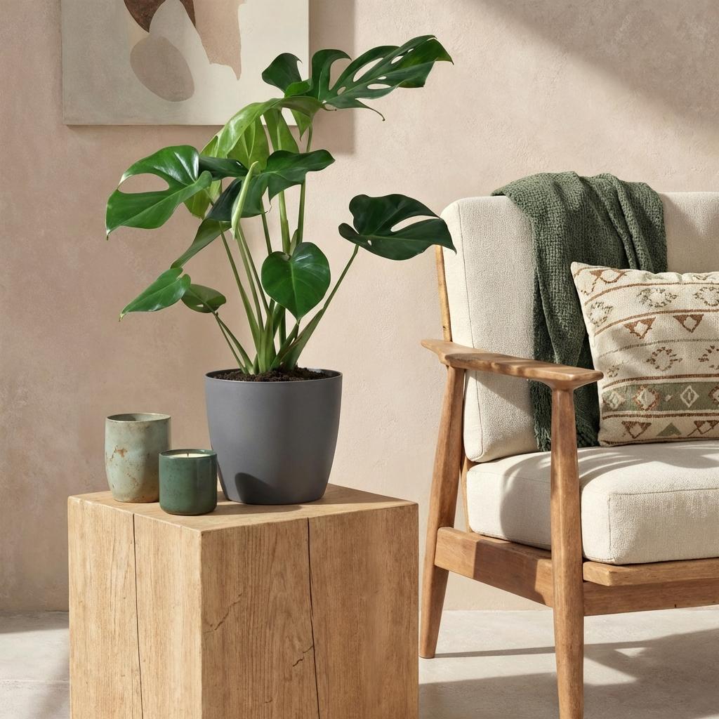 Monstera Deliciosa gatenplant 70–80 cm met grijze pot - Plant - plantenmagie