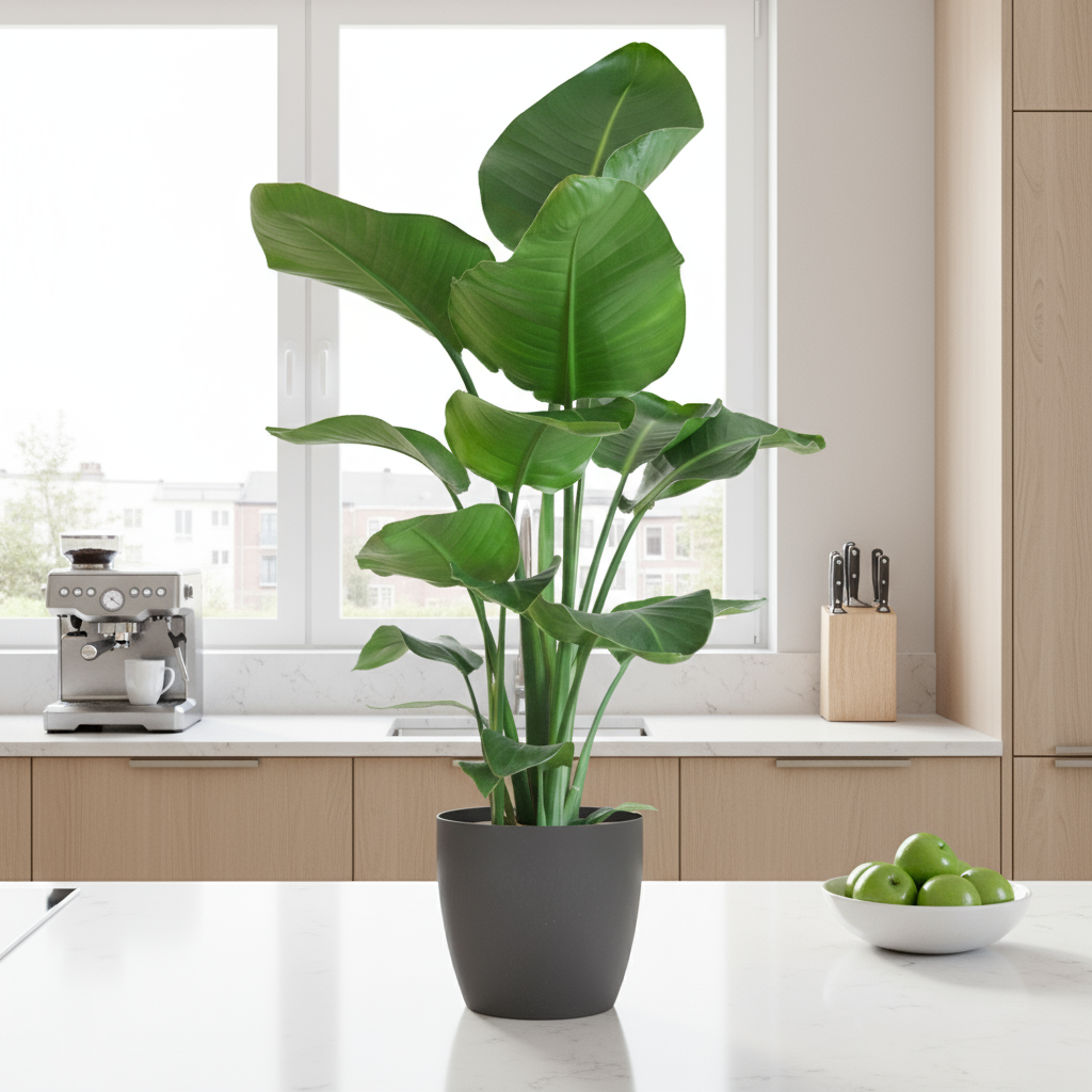 Strelitzia Nicolai paradijsvogelplant met grijze Viber pot 80cm