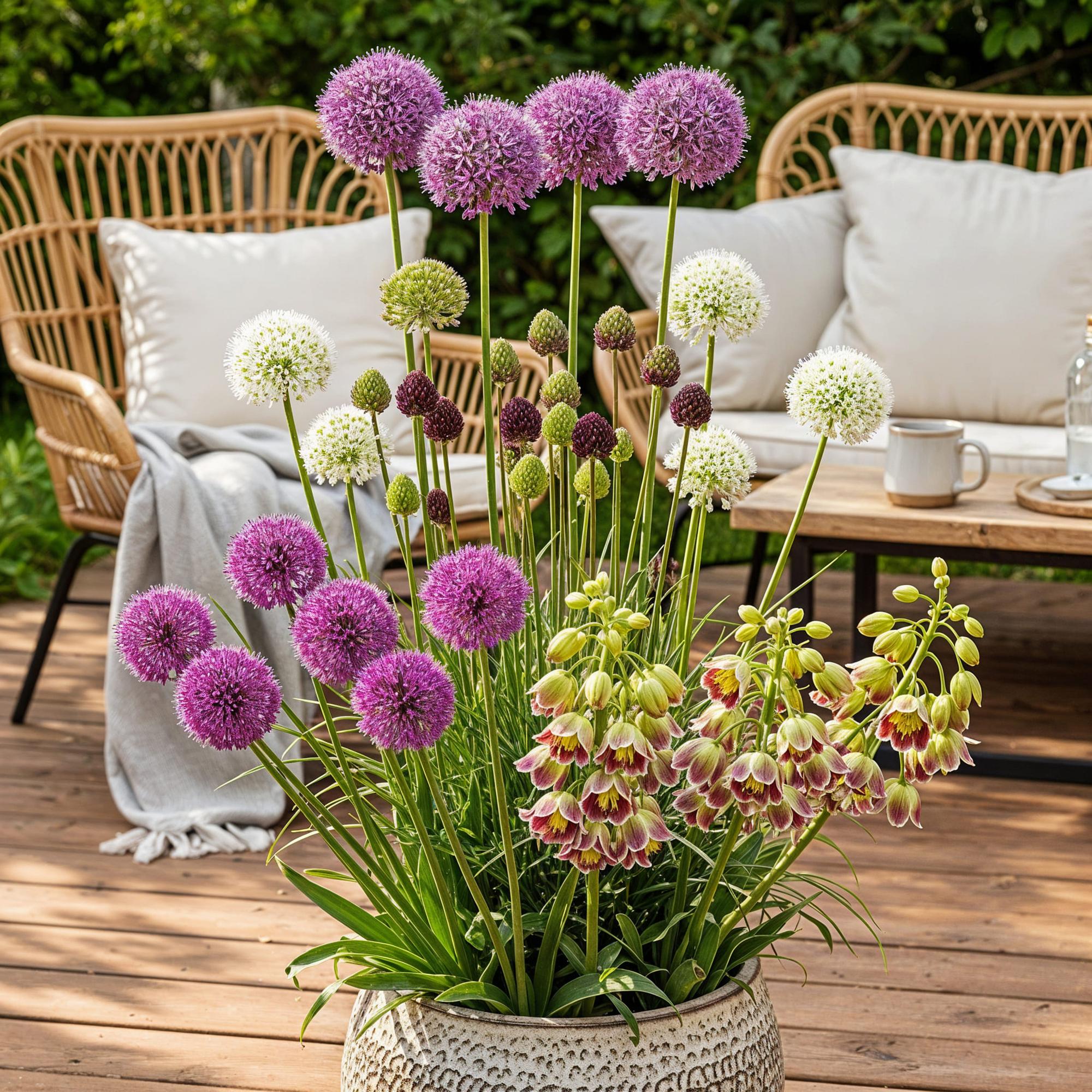 allium bloembollen geplant in border met paarse bloemen