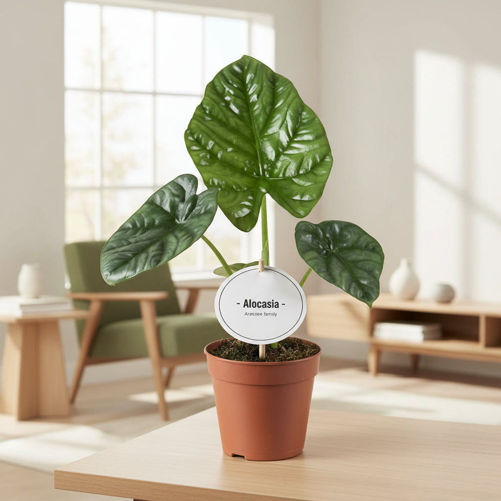 Alocasia Lukiwan kamerplant met glanzende groene bladeren in sierpot