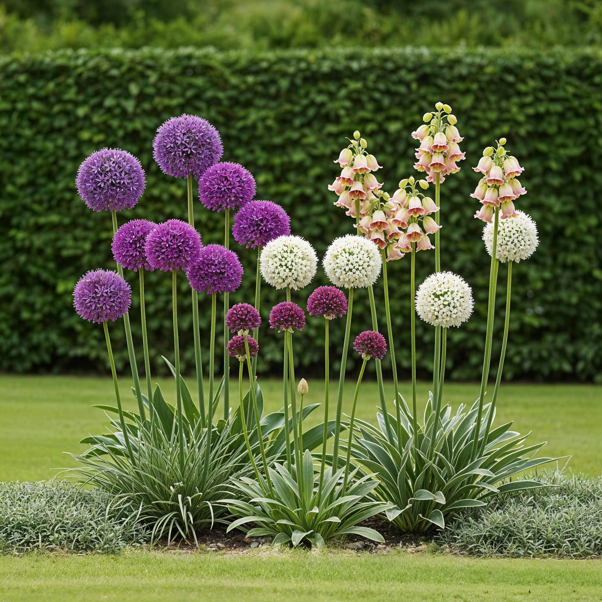 bloeiende allium bloemen in tuin in verschillende kleuren