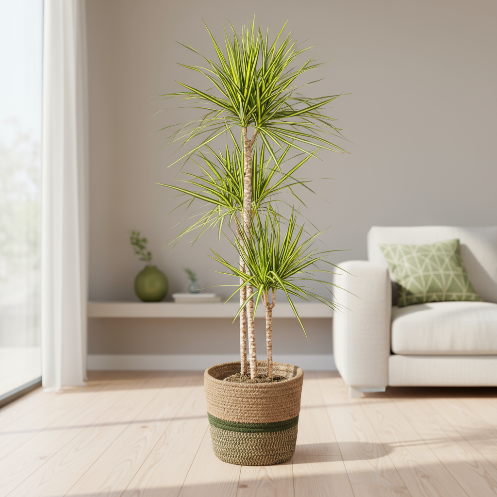 Dracaena Marginata Sunray kamerplant met mand Ø24cm – tropische bladeren groen-geel