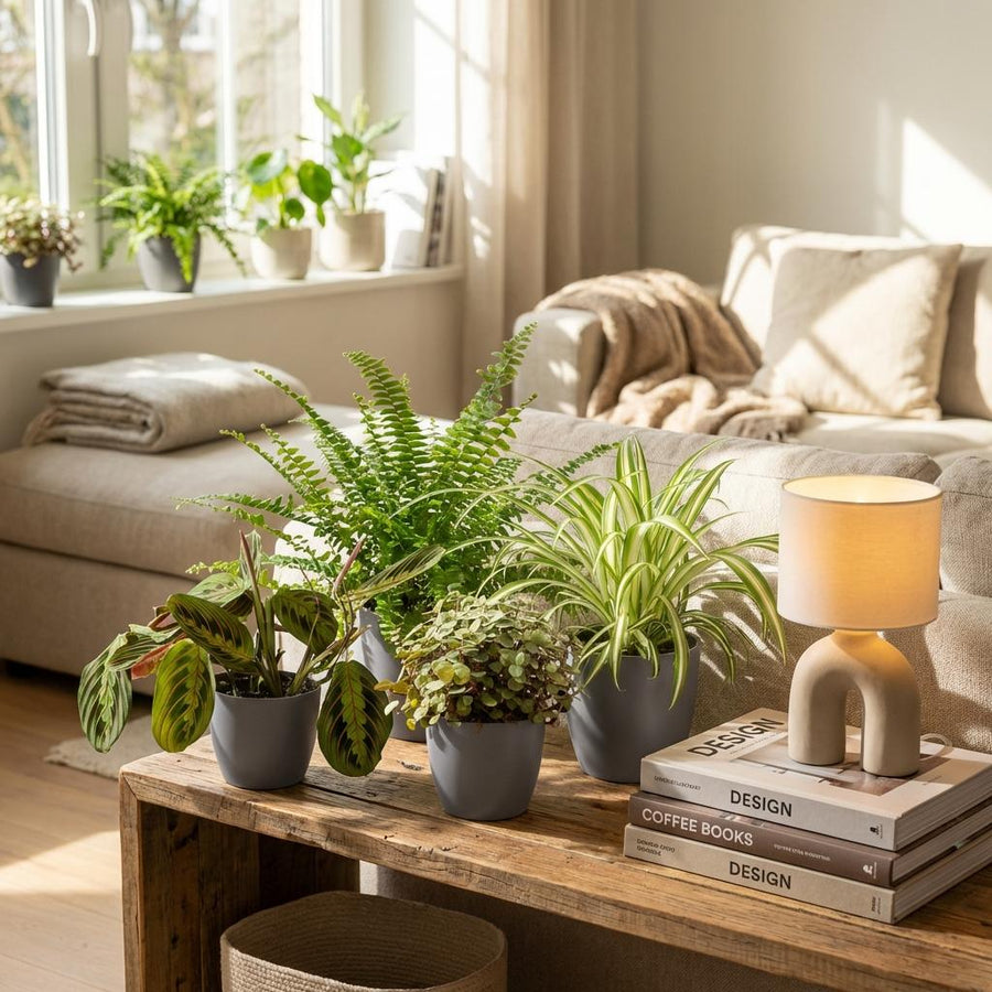 Chlorophytum – Maranta – Calissia – Nephrolepsis mix (4 stuks) 25 cm met grijze pot