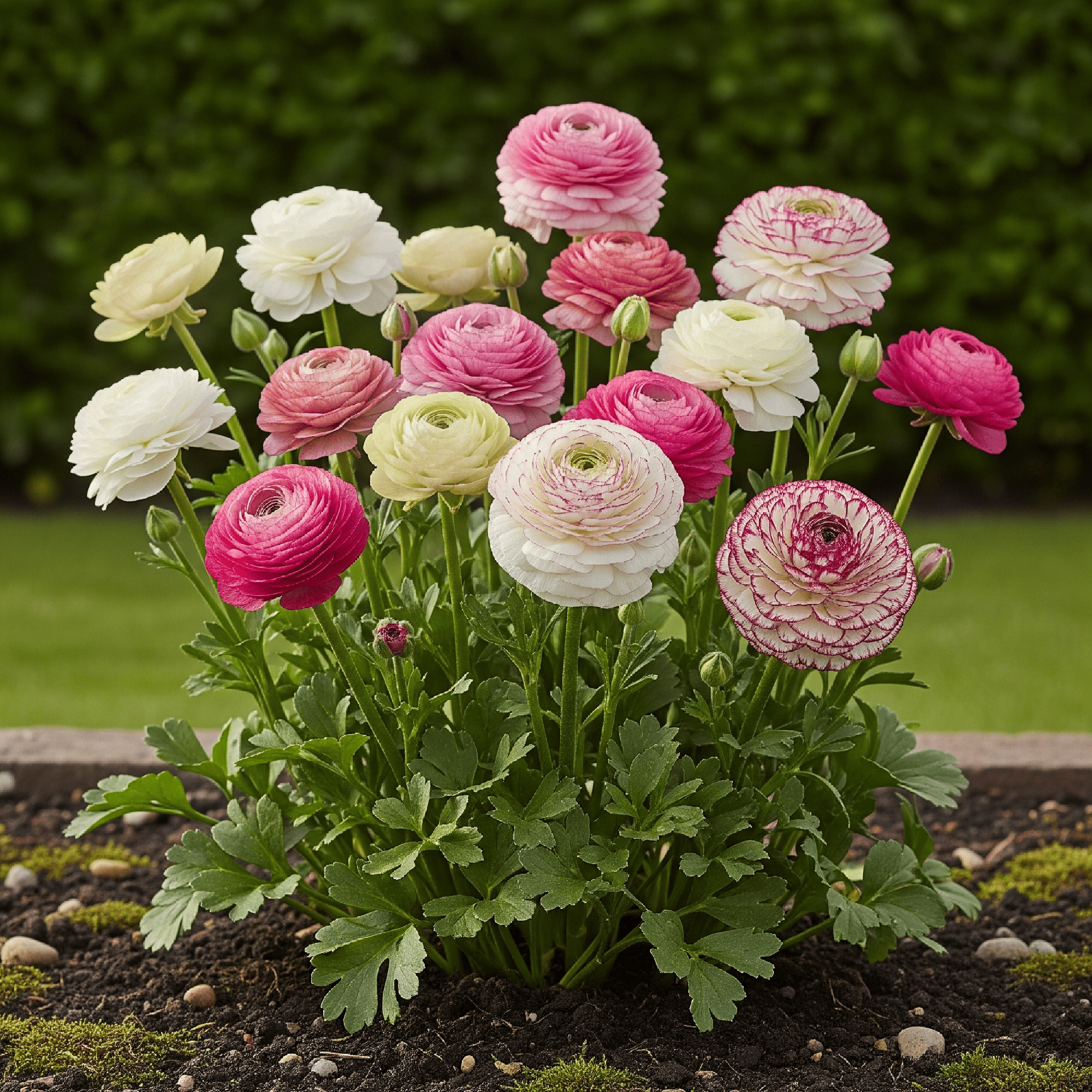 close-up van ranonkelbloemen pastelkleuren roze wit geel