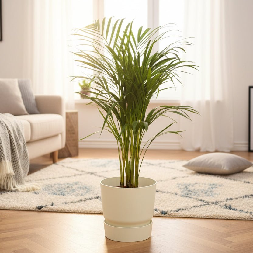 Areca palm - ↨70cm - Ø19cm inclusief elho Greenville Round wit D24xH23 - Plant - plantenmagie