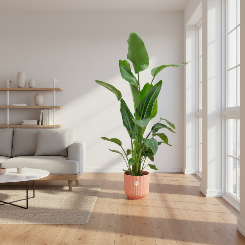 Strelitzia Nicolai Witte Paradijsvogelplant 160cm in Elho Vibes Fold Round roze pot Ø30
